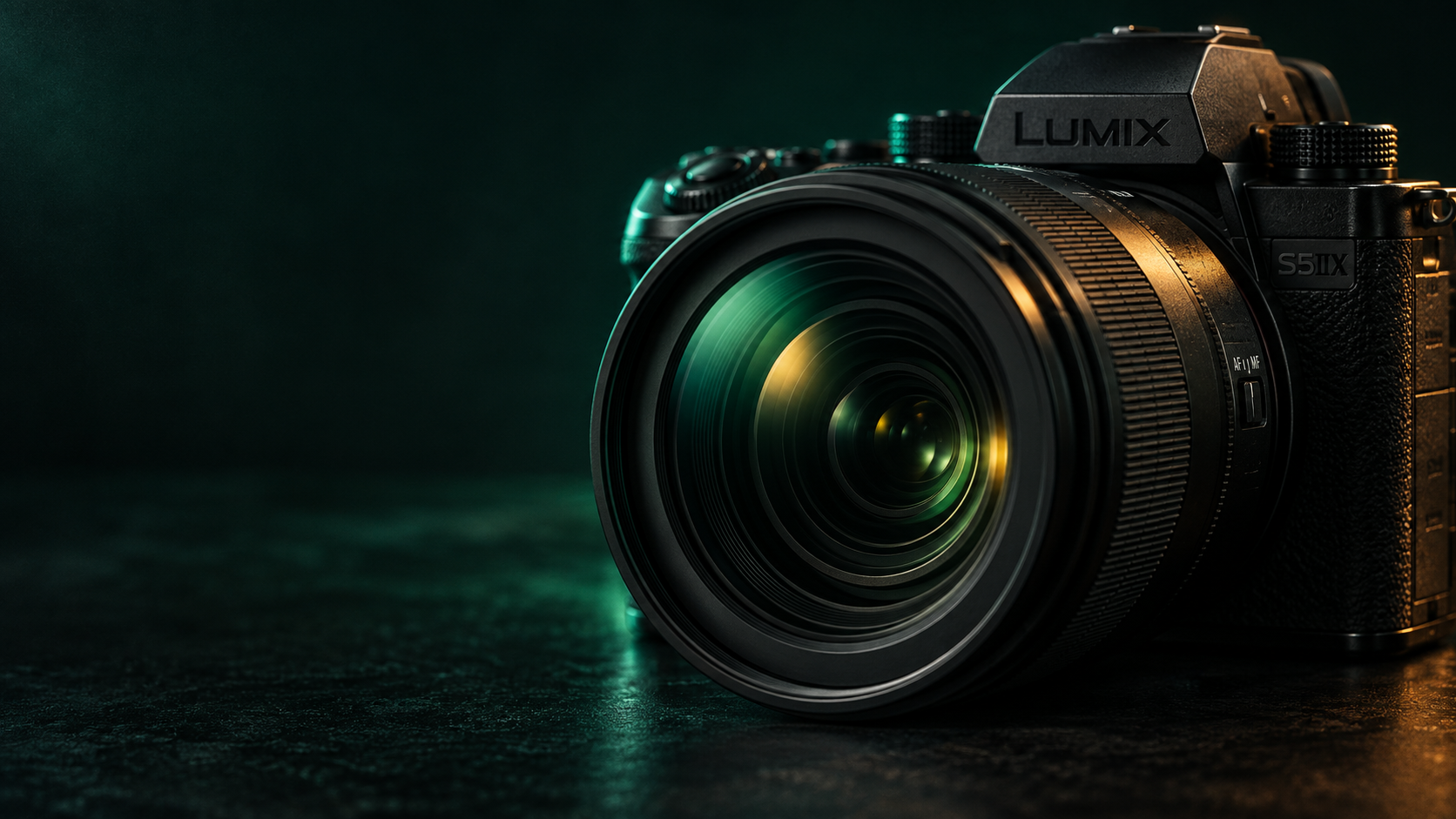 Zbliżenie obiektywu aparatu Lumix S5IIX w zielonym i bursztynowym świetle